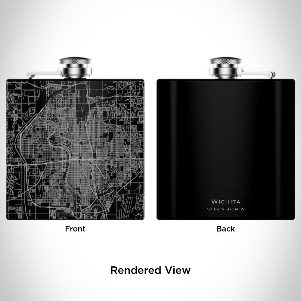 Matte black hip flask featuring a custom engraved map of Wichita, Kansas with coordinates, accompanied by a canvas bag and funnel.